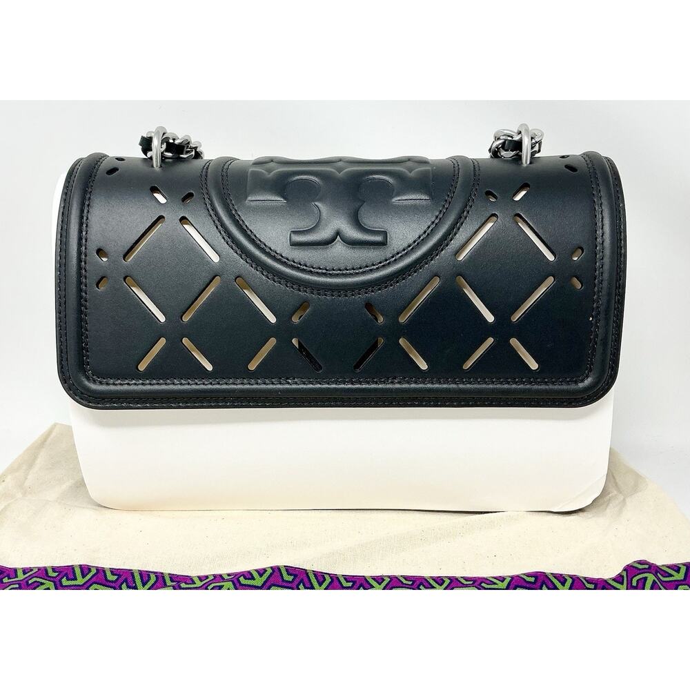🆕Tory Burch Fleming Diamond Perforated Convertible Shoulder Black Matte Bag NWT - Picture 4 of 16